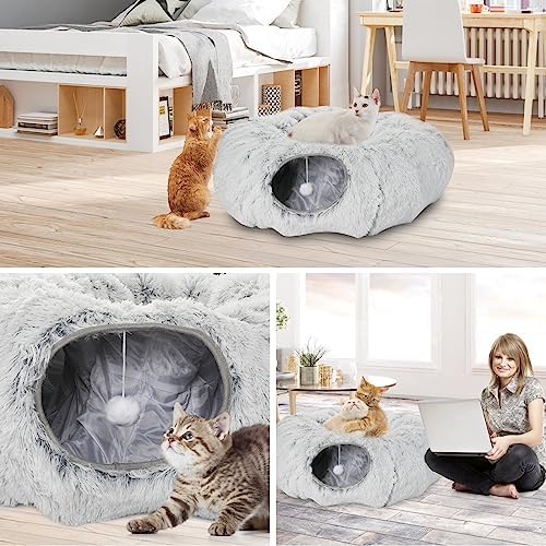 Plush Cat Tunnel Bed for Indoor Cats, Collapsible Cat Donut Tunnel with Central Mat, Fluffy Cats Cave Tube with Hanging Ball for Kitten Rabbit Puppy Ferret - Image 3