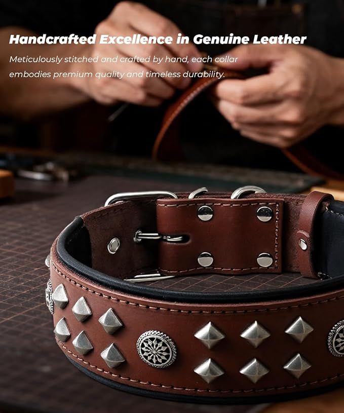 Genuine Leather Dog Collar 2.2 in Wide for Large Dogs Heavy Duty, BN-SL-M | Handcrafted,Stainless Steel Buckle and Alloy Studded,Soft Padded,Fashionable Daily Wear for Large Giant Breed,19.5-23.5 in