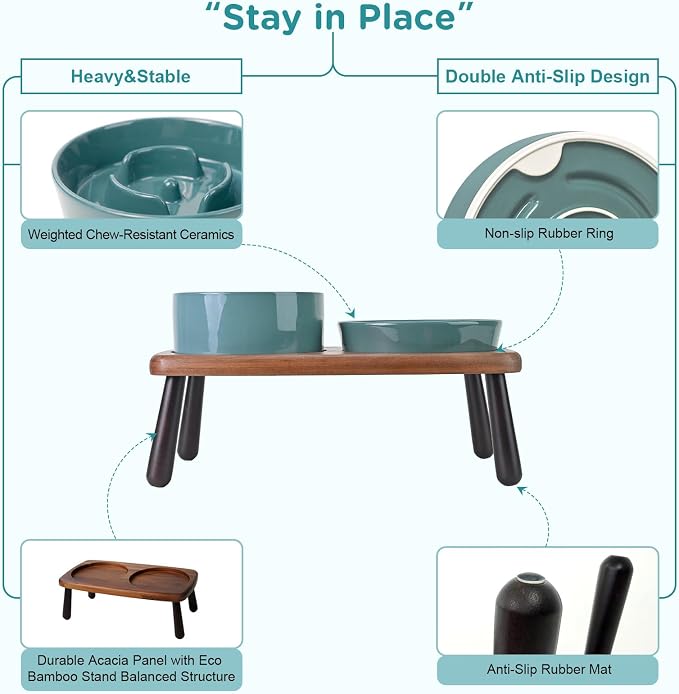 SPUNKYJUNKY Ceramic Elevated Dog Bowls with Slow Feeder Raised with Acacia Bamboo Wooden Stand, 6.1'' Dog and Cat Food Water Bowls Set Non-Slip for Small Medium Sized Breed - Dark Green