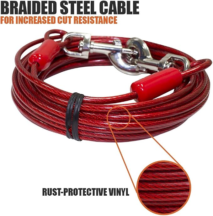BV Dog Tie Out Cable 30 Feet - Heavy Duty Dog Lead Up to 125 Pounds - Reflective & Rust-Free with Quick Release Swivel Clips & 360° Rotating Clasp - Tangle-Free Dogs Runner for Yard (Red, Single)