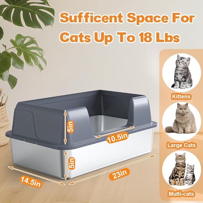 Vivifying Stainless Steel Cat Litter Box, XL Extra Large Semi-Enclosed Metal Pan with Side Entry, Scoop Included, Open Top Potty for Indoor Big Cats & Kitty, Easy to Clean & Odor Resistant (Gray)