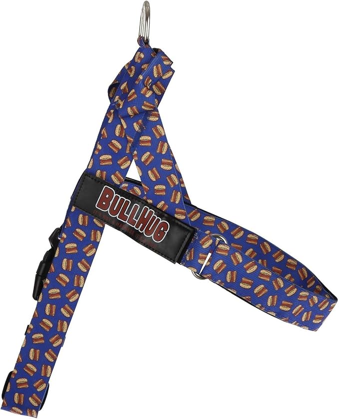 BULLHUG Adjustable Dog Harness– No Pull, No Choke – for English Bulldogs, French Bulldogs, Pugs & Broad-Chested Breeds – Easy, Safe Walks (Blue Burger, Medium)