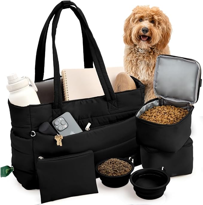 Rubyloo Puffer Dog Travel Bag for Dog Moms, Diaper Bag with Travel Bowls | 2 BPA-Free Collapsible Bowls, 2 Pet Food Containers, 9 Pockets, Everyday Puffer Bag Works With or Without Your Dog, Black