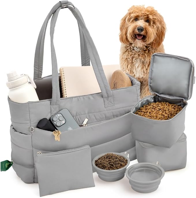 Rubyloo Puffer Dog Travel Bag for Dog Moms, Diaper Bag with Travel Bowls | 2 BPA-Free Collapsible Bowls, 2 Pet Food Containers, 9 Pockets, Everyday Puffer Bag Works With or Without Your Dog, Grey