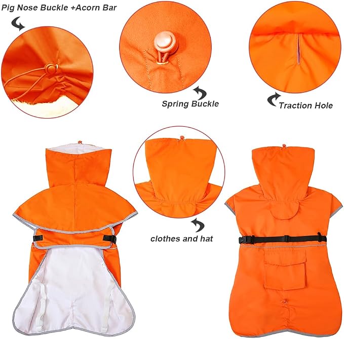 Reflective Dog Raincoat Waterproof Adjustable Dog Hooded Poncho Raincoat for Medium Large Dogs, Lightweight Pet Rain Jacket (Orange, L)