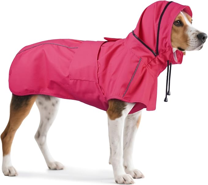Dog Raincoat, Waterproof Dog Rain Jacket with Hood Pink XL | Rain Coat For Medium Dogs, Doggy Poncho With Leash Hole, Reflective Strips, For Rainy Snowy Weather Walks, Hiking, Camping