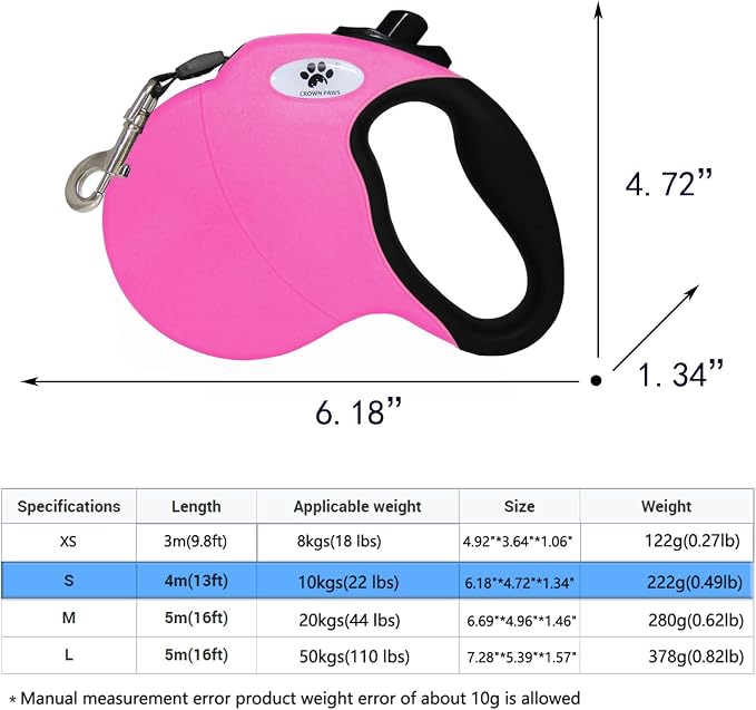 13 ft Retractable Dog Leash for Large Dogs up to 26 lbs,Tangle-Free Nylon Tape,Pink S