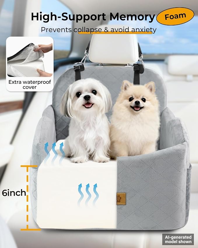 Dog Car Seat for Small/Medium Dogs, Detachable Washable Dog Booster Car Seat Under 35lbs, High-Support Memory Foam,Travel Bed with Storage Pockets