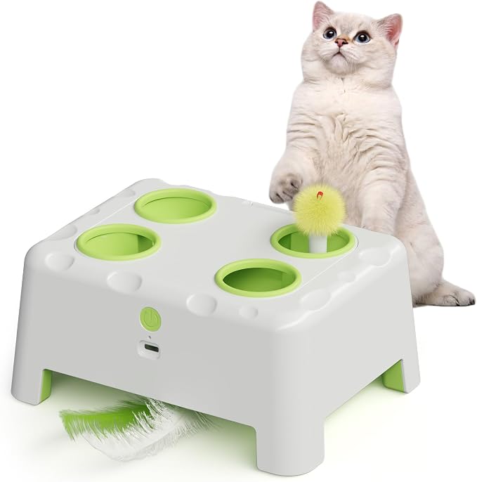 Magic House Cat Toy, Rechargeable Whack-a-Mole Feather Toy | 3 Play Modes, 4 Holes Design, 4 Replacement Accessories, Ideal for Indoor Cats Entertainment