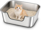 Qiuma Stainless Steel Cat Litter Box with Low Entry, Metal Kitty Litter Box for Senior or Injured Cats, Odor-Free, Non-Stick, Easy to Clean, 15.6"x11.6"x5.9", Litter Pan for Small Cats and Animals