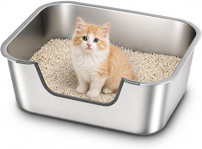 Qiuma Stainless Steel Cat Litter Box with Low Entry, Metal Kitty Litter Box for Senior or Injured Cats, Odor-Free, Non-Stick, Easy to Clean, 15.6"x11.6"x5.9", Litter Pan for Small Cats and Animals