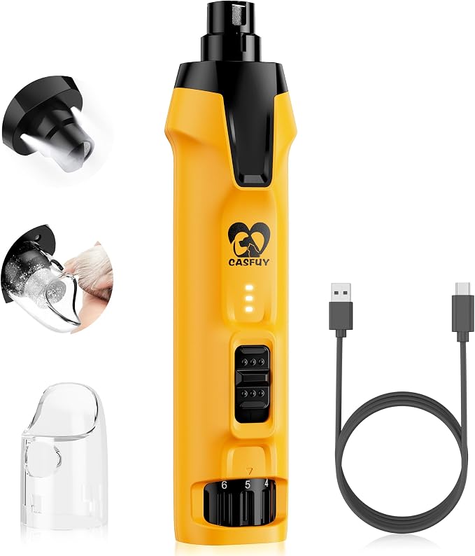 Casfuy 6-Speed Dog Nail Grinder – 50%+ Boost Power Dog Nail Trimmers Quiet with Dust Cap & 2 LED Lights & 2000mAh Battery & 4.8V Motor Electric Pet Toenail File Tool for Large Medium Small Dogs Cats
