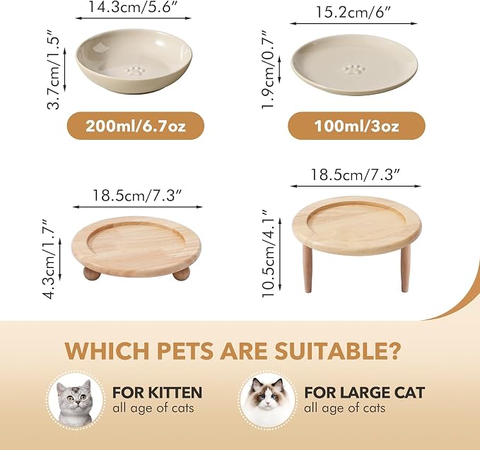 Havniva Elevated Cat Bowls, Cat Food and Water Bowl Set, Ceramic Cat Bowl | Raised Cat Food Bowls, Whisker Friendly, 5.6” Shallow Cat Dishes + 6” Wide Cat Plates, Non-Slip Wood Stand, Two Heights