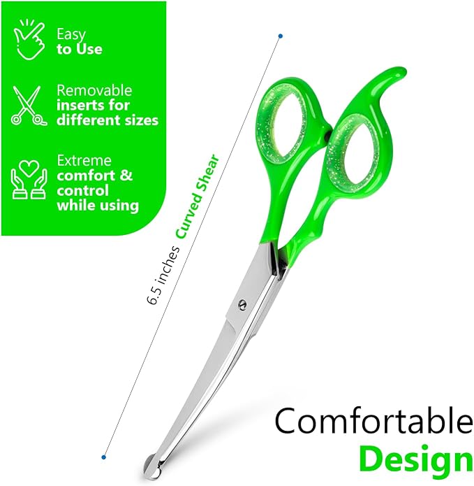 Rounded dog grooming scissors Professional - Sharp Stainless Steel Blades with Colorful Handles, Safe - Easy, Long Lasting grooming scissors for dogs at home (Curved Scissors)