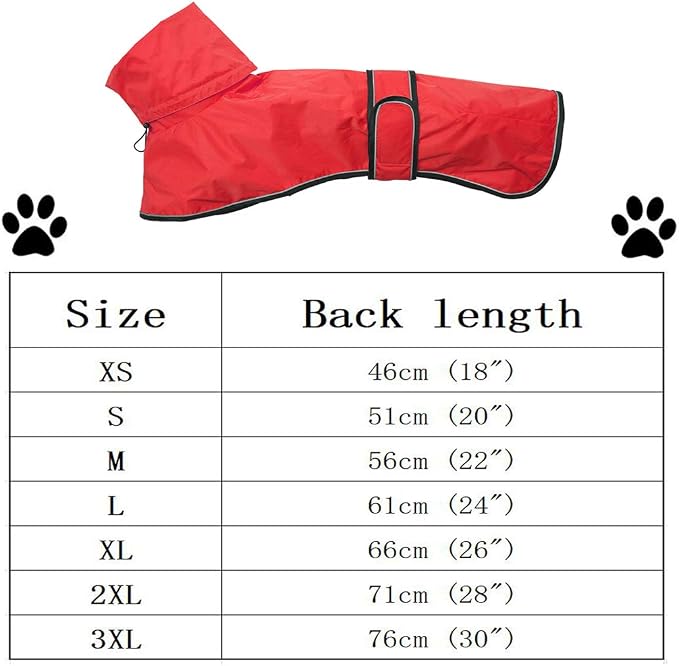 Greyhound Whippet Raincoat Waterproof with Reflective Stripe high Neck fit for Italian Greyhounds Whippets Long Back Breeds - Red - M