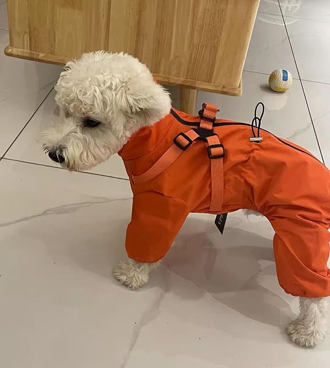 Mile High Life Waterproof Dog Raincoat, Full Coverage Small Dog Rain Coat with Harness, Adjustable 4 Legs Puppy Rain Jacket with Reflective Strip and Elastic Cuffs (Orange, M Back Length 14.6")