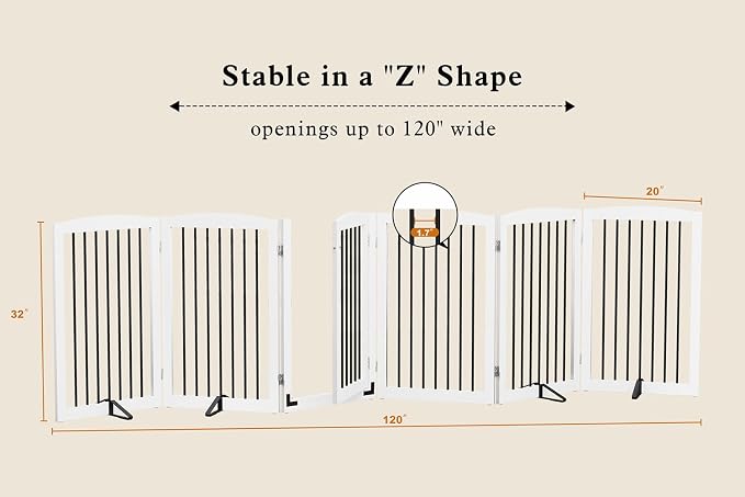 PUPETPO Freestanding Pet Gate with Door, Tall Dog Gate for House, Dog Gates for the House Extra Wide, Pet Puppy Safety Fence, Support Feet Included, 120 Inch Wide, 6 Panels 32" Tall, White & Black