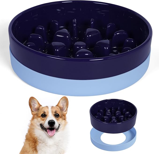 Sted Ceramic Slow Feeder Dog Bowls with Silicone Base | Slow Feeding Dog Bowl Small Medium Breed, Dogs Food Bowls for Fast Eaters, Puzzle Dogs Food Bowl, Maze Blue