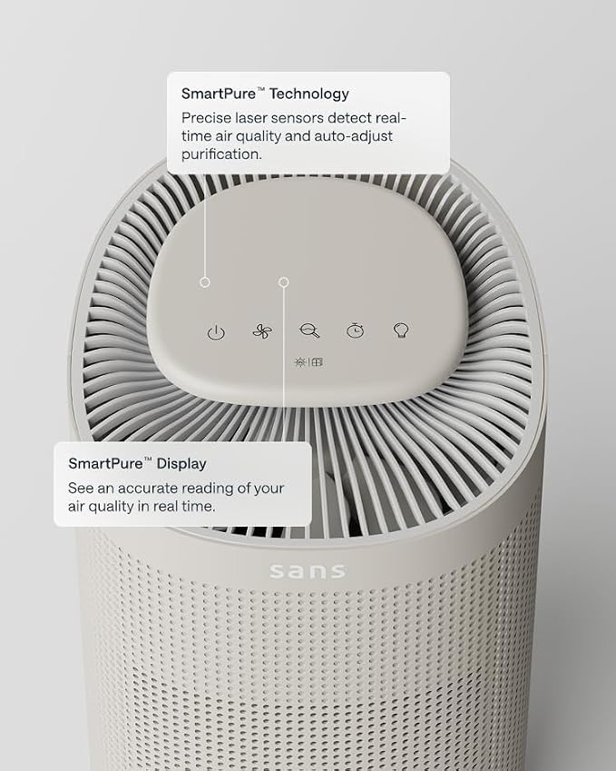 Sans Air Purifier Mini for Large Rooms (Up to 490 Sq Ft) True HEPA & | Activated Carbon Filter for Allergies, Pets, Dust, and Odors | Quiet 25dB Operation with UV-C Light & Lights-Out Mode (Sand)