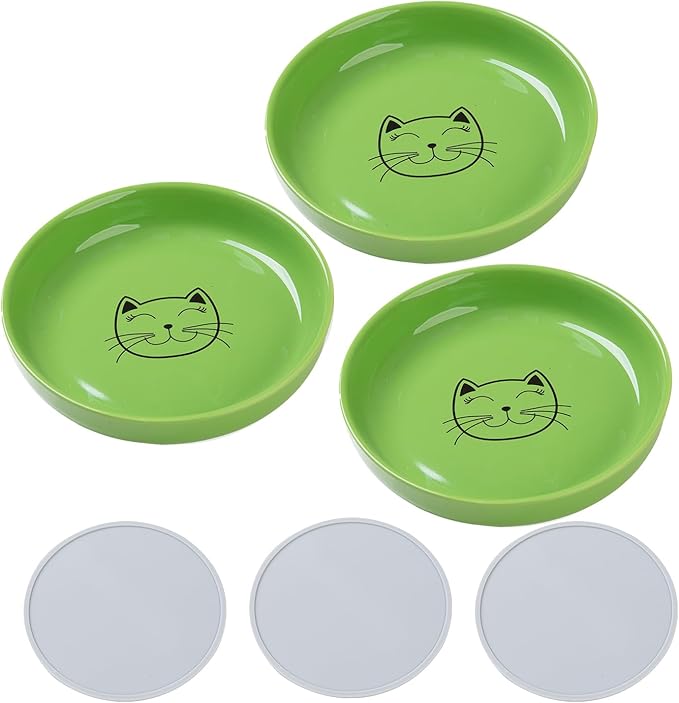 Lusifaco Shallow Wide Cat Food Bowls Anti Whisker Fatigue (Green, 3 Pack) | 5.9 Inch 2 Height Raised Ceramic Cat Dishes with Bamboo Stand, Flat Pet Water Food Plates Feeding Station for Indoor Kitten