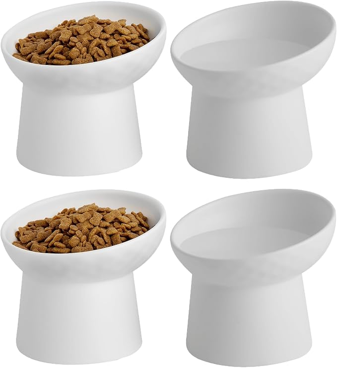Elevated Cat Bowls, 15° Tilted Ceramic Raised Cat Food and Water Bowl Set, Whisker-Friendly Porcelain Pet Feeder Dishes for Indoor Cats and Small Dogs,White,5.2 Inch,4 Pack