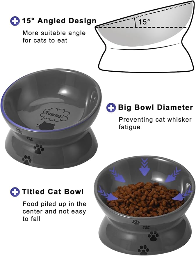 Y YHY Raised Cat Food Bowl, Ceramic Elevated Bowl, Protects Cat's Spine, Anti Vomiting, Backflow Prevention, Grey