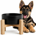 hjn Elevated Ceramic Dog Bowl with Bamboo Stand, Raised Pet Feeding Station for Small Medium Dogs Cats, Modern Design with Anti-Slip Base (Black, 3.6Cup)