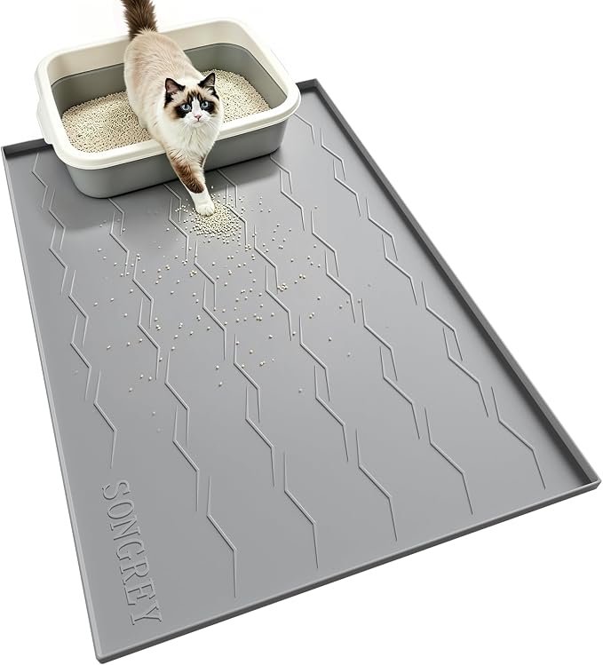 Songrey Silicone Cat Litter Mat 24" x 16", Large Litter Trapping Mat, Gray | Waterproof, Urine-Proof Litter Box Mat for Floor, Soft on Kitty Paws, Easy To Clean, Cat Supplies, Pet Feeding Mat