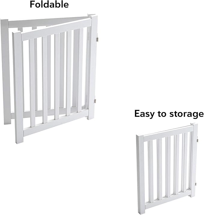 LZRS Wooden Free Standing Foldable Dog Gate Indoor – Solid Hard Wood 40" W x 24" H, Step-Over Safety Pet Gate for Doorways, Stairs & Small Spaces - Indoor Use, White