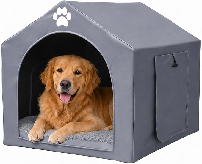Dog House Indoor for Large Dogs, 29 x 29 x 35 Inch Dog Tent with Reversible Cushion, Washable Foldable Pet House with Sturdy PVC Frame, Non-Slip Bottom & Roof Cover for 35-75 lbs Dogs and Cats, Gray