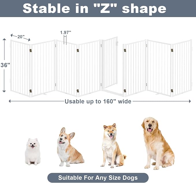 Metal Freestanding Dog Gates with Door for Outdoor Indoor,160'' Extra Wide 36'' Tall Free Standing Dog Gate for Doorways,Large Openings,Deck,Yard,Porch,Foldable Pet Fence (White,8 Panels)