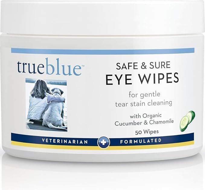 TrueBlue Cucumber & Chamomile Safe and Sure Dog Eye Wipes – Pre-Moistened Textured Pads for Tear Stain Eye Cleaning – Cleansing Eye Wipe for Dogs, Puppies – Non-Toxic, All-Natural – 50 Count