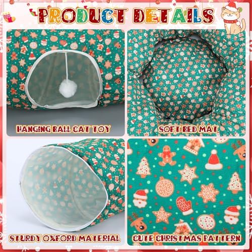 Cat Tunnel Christmas Tree Skirt Cat Bed Indoor 3 ft x 3 ft x 10 Inch Kitten Donut Tunnel with Ball Peekaboo Cave Pet Bed Round Hideaway Holiday Cave Circle Pets Gift(Santa Hat) - Image 4