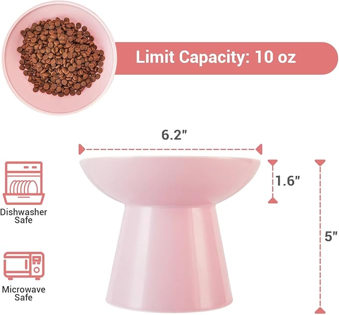 CEEFU 2-Pack Extra Wide Elevated Ceramic 6.2" Shallow Cat Food Bowls | Cat Dish for Whisker Fatigue Relief, 5" Height for Easy Feeding, Durable Raised, Pink