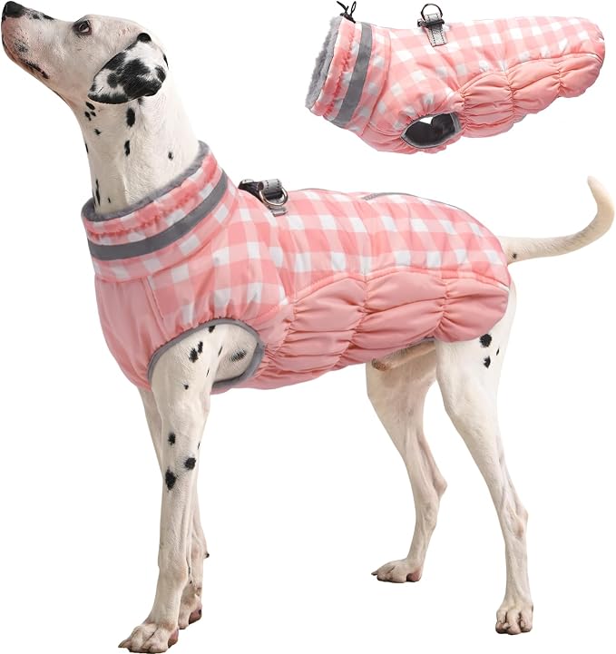 FUAMEY Dog Winter Coat Fleece Warm Large Dog Coat with Harness Built in | Dogs Cold Weather Fleece Coats Zip up Reflective Dog Winter Vest Windproof Water Resistant Snow Coats Pink Plaid XL