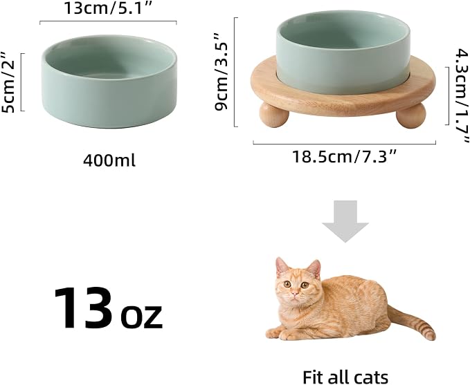 Havniva Raised Cat Bowl 5.1” Elevated Ceramic Cat Food and Water Bowl | Cat Bowls Elevated, Whisker Friendly Cat Bowl, Non-Slip Wood Stand, Food-Grade Ceramic, Wide Opening, Dishwasher Safe