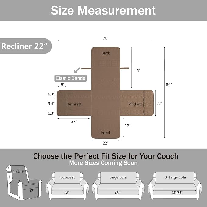Toffee Quilted Recliner Covers, Waterproof Recliner Chair Covers, Lazy Boy Chair Covers, Pet Friendly Recliner Slipcover for Dogs Cats, Washable Furniture Protector (Recliner 22", Raw Umber)