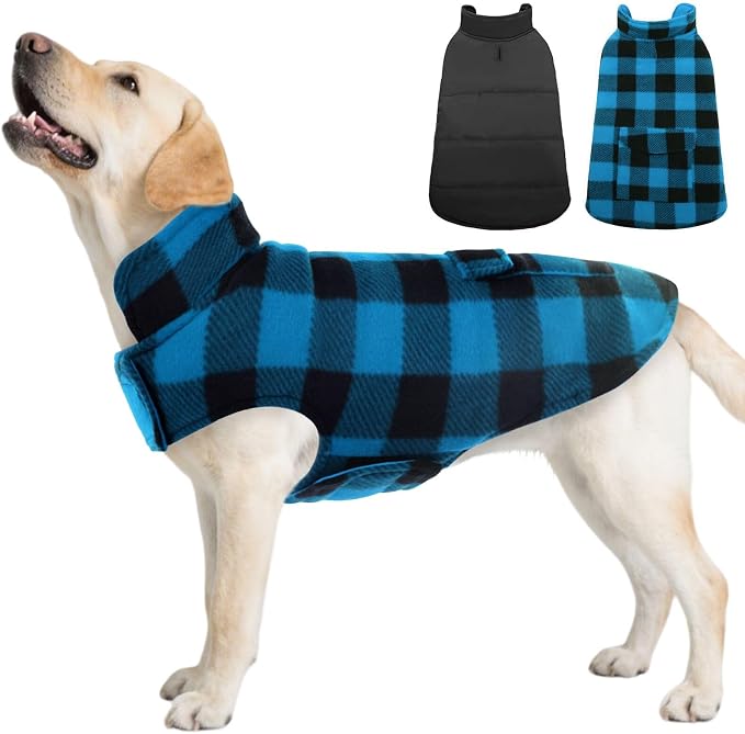 ASENKU Reversible Dog Winter Coat, Dog Jacket for Small Medium Large Dogs | Windproof Plaid Fleece Lining for Cold Weather, Water-resistant Outer Shell, Puppy Puffer Vest with Leash Hole, Blue 3XL
