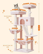 Taoqimiao Sturdy Cat Tree, 58In Cat Tower for Indoor Cats Large Adult | Spacious Cat Condo, 2 Cute Perches, Metal Frame Cozy Hammock, 1 Scratch Board, 8 Natural Sisal Posts, Basket, Pink, MS026P