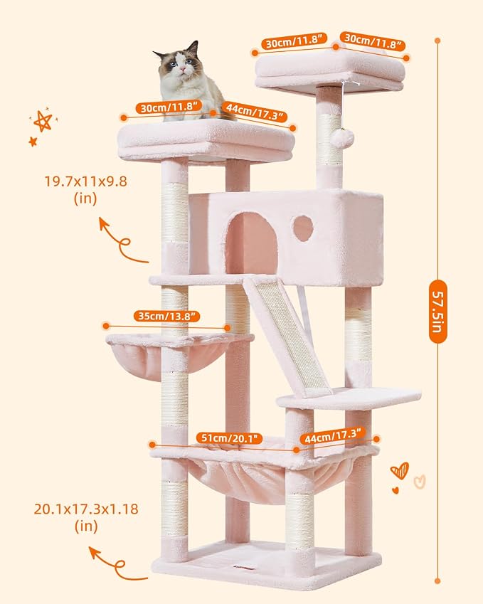 Taoqimiao Sturdy Cat Tree, 58In Cat Tower for Indoor Cats Large Adult | Spacious Cat Condo, 2 Cute Perches, Metal Frame Cozy Hammock, 1 Scratch Board, 8 Natural Sisal Posts, Basket, Pink, MS026P