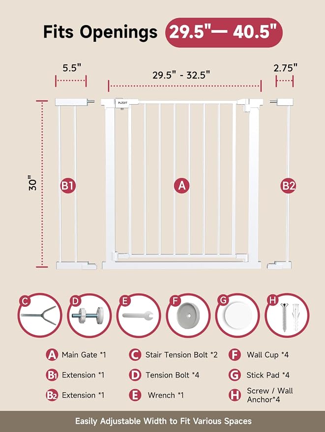29.5-40.5" Baby Gate for Stairs, Dog Gate for Doorways, Walk Thru Auto Close Metal Baby Safety Gate for The House, Stairs and Doorways, Child Gate Pressure Mounted, Pet Gate for Dog Indoor - White