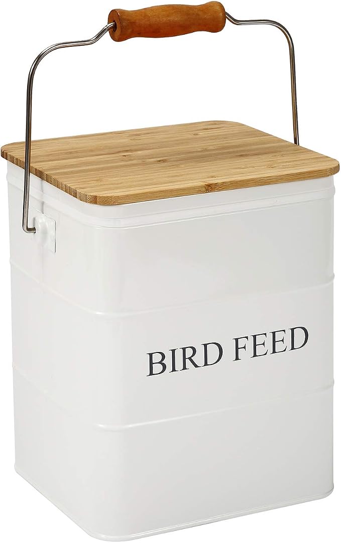 Bird Seeds storage container,Bird Seed Container,Metal food tin for Birds, pet snacks Canisters with wooden lid/handle/sevice scoop,hold 5-6 lbs