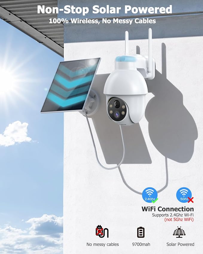2K Solar Security Cameras Wireless Outdoor, 360°PTZ Outdoor Camera | Battery Powered, Color Night Vision, 2-Way Audio, PIR+AI Motion Detection, IP66 Waterproof, Work with Alexa&Google Assistant