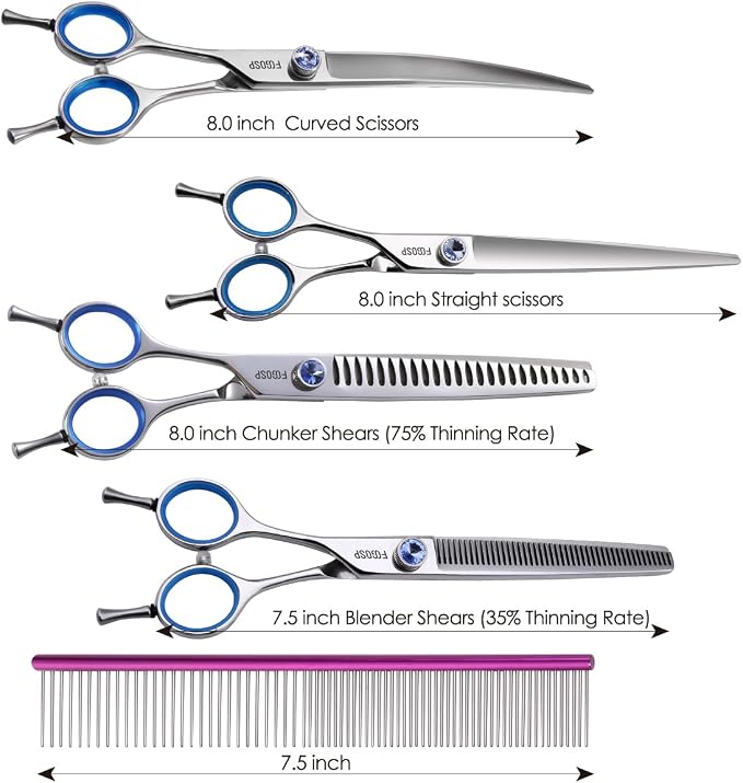 Left Handed Dog Grooming Scissors Kit 8 in Professional Curved Thinning Straight Shear 3pcs Set for Grooming Big Dogs Poodle Pet Japan 440C Stainless Steel(8.0'' Kit, 4Pcs)