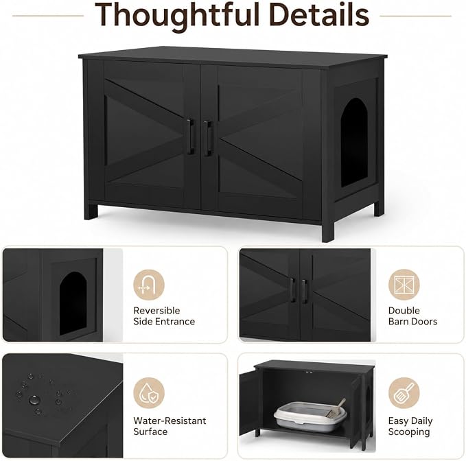 Homhedy 31.5" L Cat Litter Box Enclosure with Barn Door, Black | Wooden Cat Washroom Furniture, Cat House, Pet Storage Cabinet, Dog-Proof, Fit Most of Litter Box, Farmhouse Style