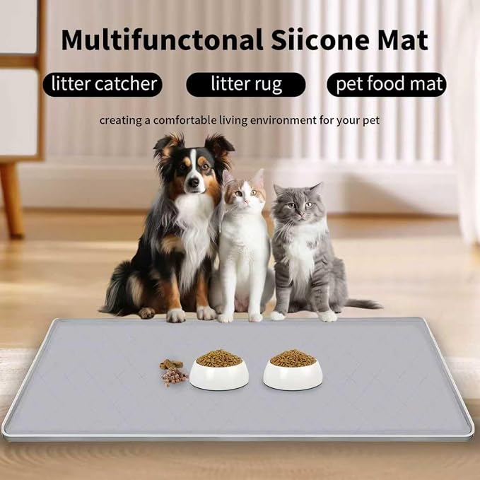 Cat Mat for Litter Box, Large 35" X 22" Cat Litter Mat, Indoor Waterproof Silicone Litter Trapping Pad for Floor, Soft on Kitty Paws, Easy to Clean, Non-Slip, Gray
