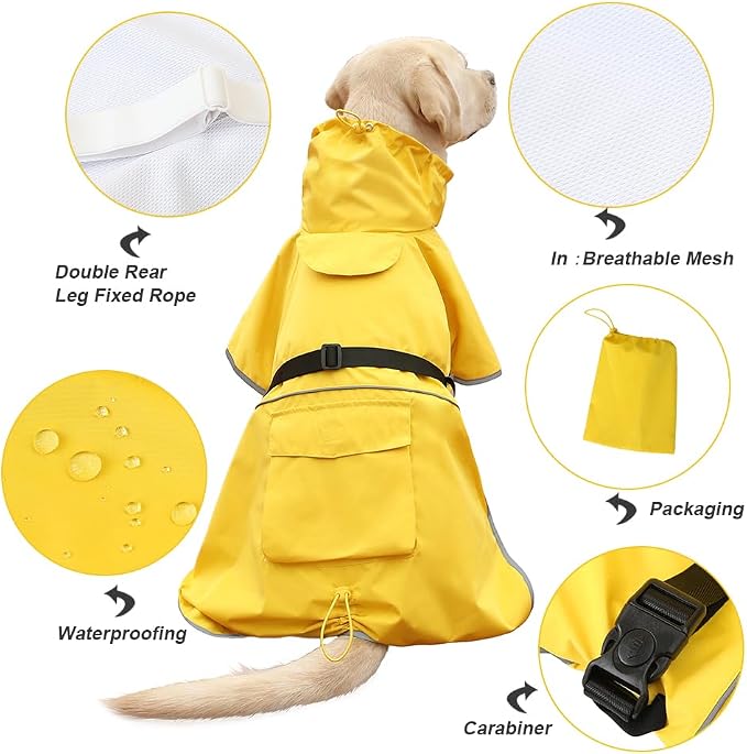 Reflective Dog Raincoat Waterproof Adjustable Dog Hooded Poncho Raincoat for Medium Large Dogs, Lightweight Pet Rain Jacket (Yellow, 2XL)
