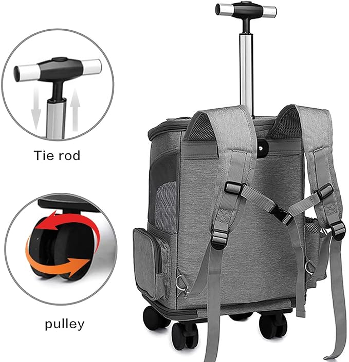 Wheeled Pet Carrier Backpack Pet Stroller, Travel Carrier, Car Seat for Small Dogs Cats Puppies, Comfort Cat Backpack Removable Rolling Wheels – Mesh Ventilation Windows (Grey)