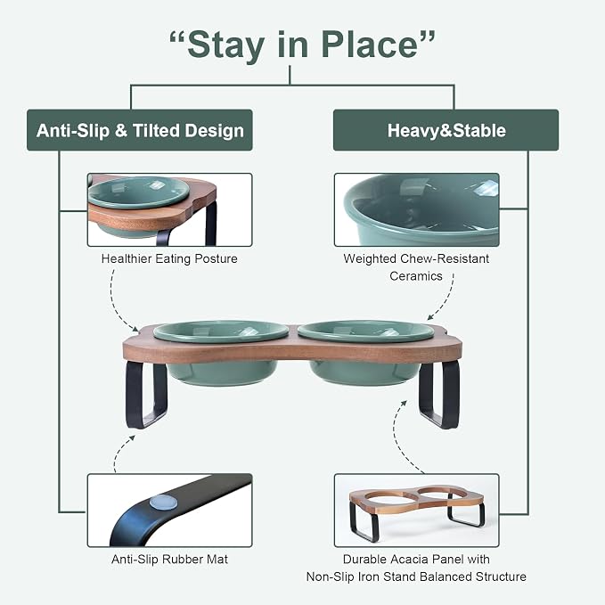 SPUNKYJUNKY Ceramic Elevated Tilted Dog Bowls Bone-Shaped Raised with 2 Height Iron Stand, 5.9'' Dog and Cat Food Water Bowls Set Non-Slip for Small Sized Breed - 13.5 OZ,Dark Green