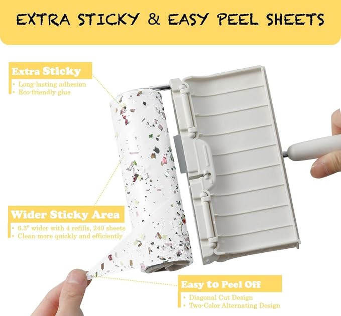 Lint Roller 6.3" with Self-Storing Cover, 240 Sheets Extra Sticky | 4 refills. Self-storing dust cover, Store anywhere – no mess. Picks pet hair, dust, debris from sofas, bedding, carpets, car.